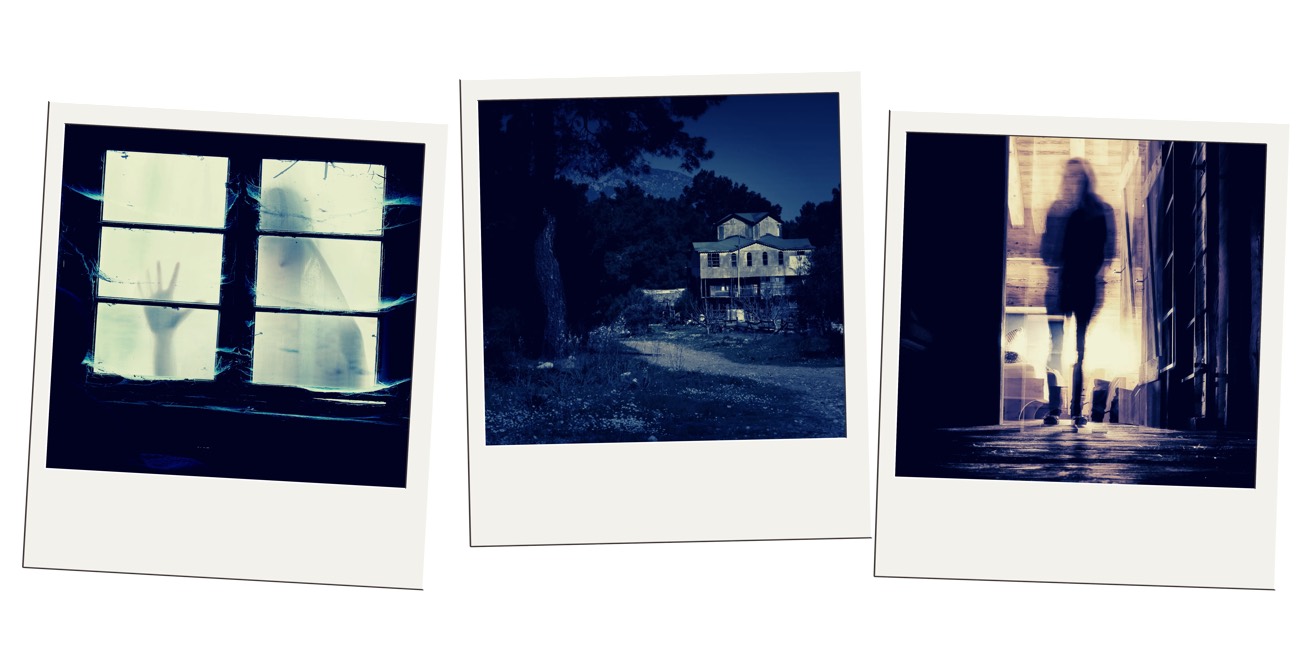 Three tinted Polaroids of a ghostly figure, a dark house, and a shadowy doorway