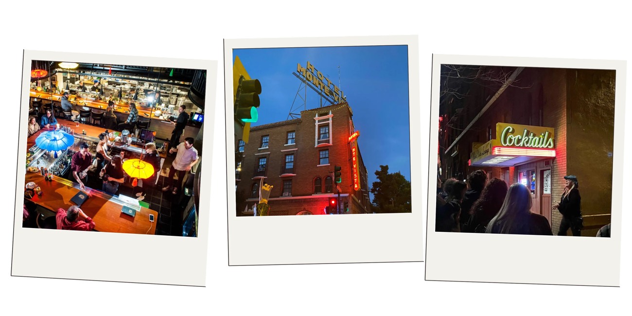 Three Polaroids of a bar, the Hotel Monte Vista, and a neon cocktails sign at dusk