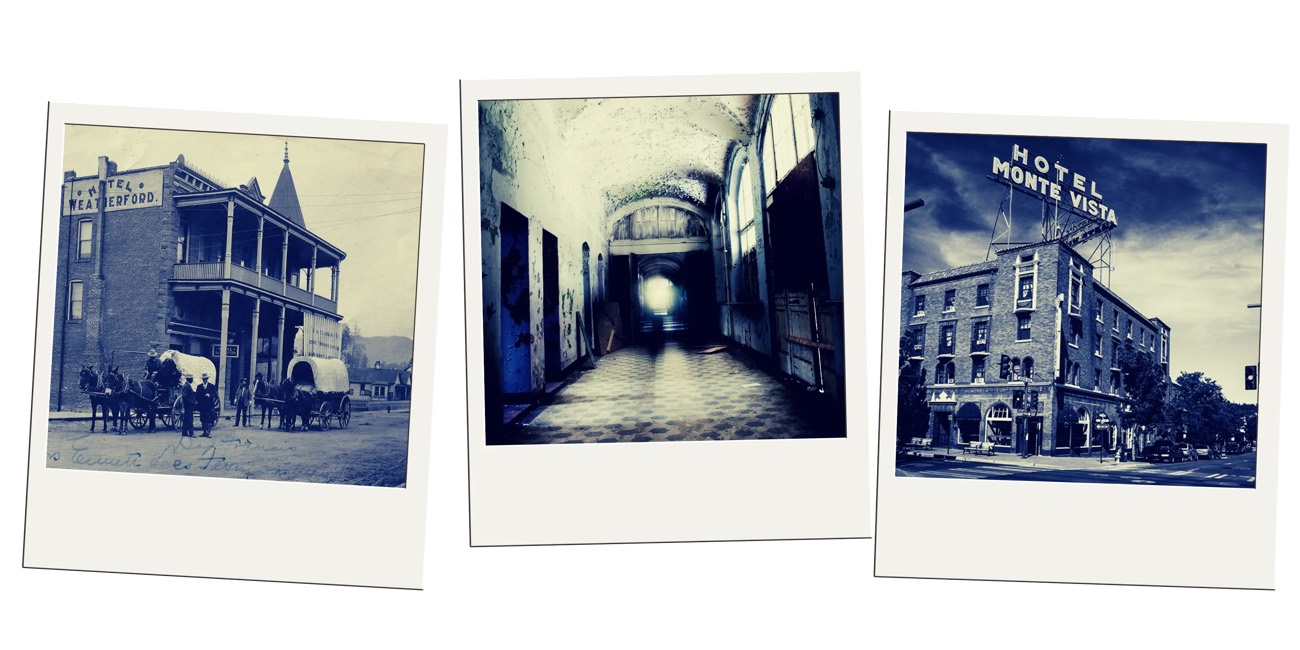 Three Polaroids of the Weatherford Hotel, a vaulted corridor, and the Hotel Monte Vista