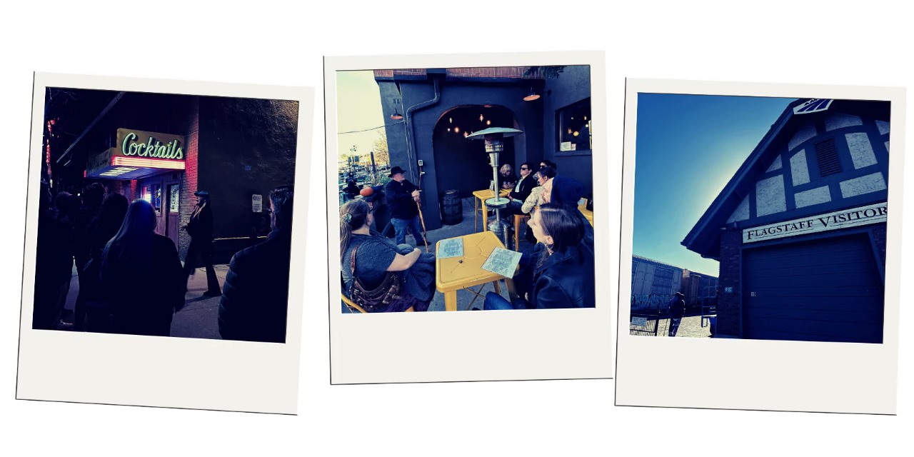 Three Polaroids of a walking tour outside a neon cocktails bar and the Flagstaff Visitor Center