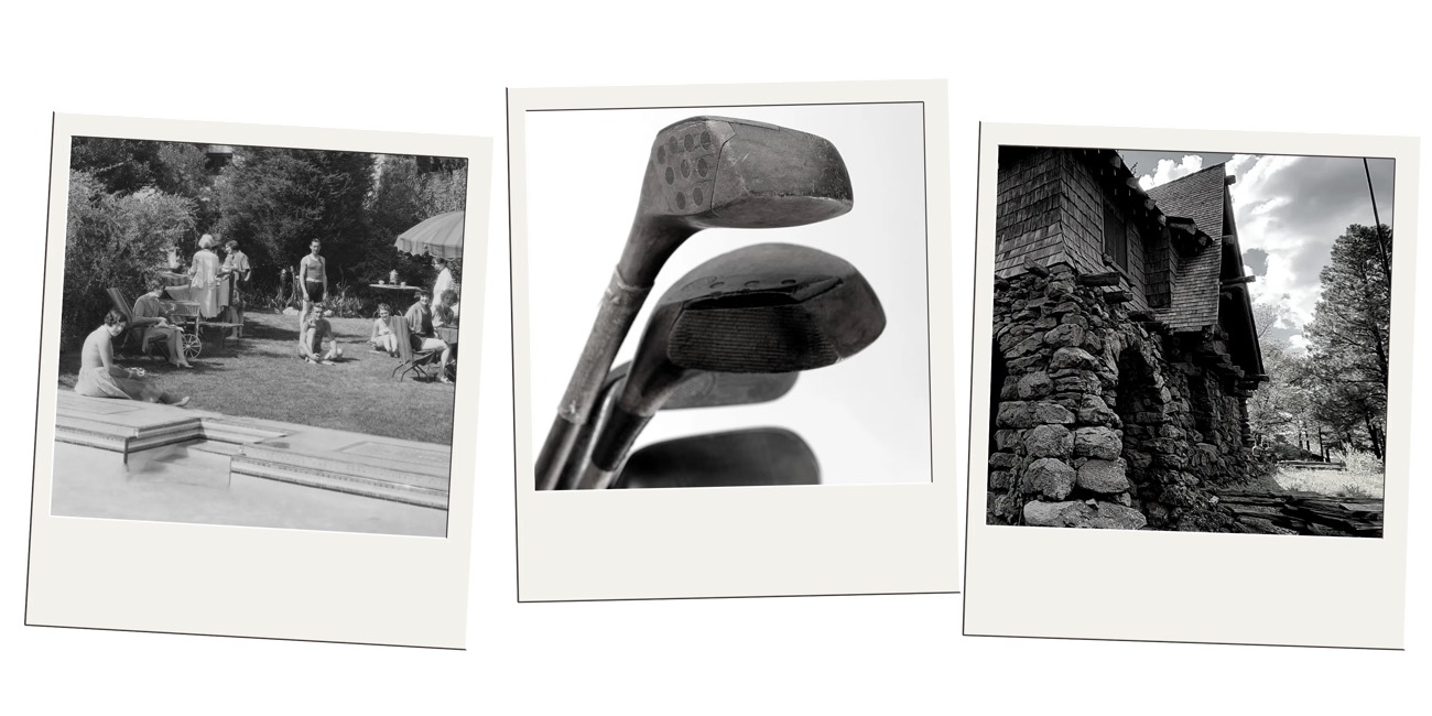 Three black-and-white Polaroids of a poolside gathering, vintage golf clubs, and a stone clubhouse