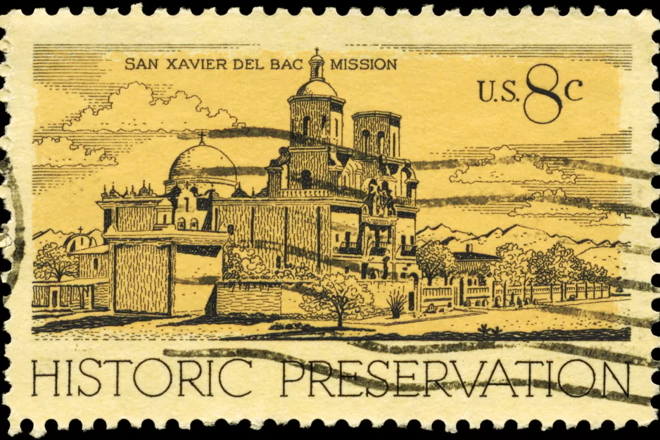 Vintage US 8-cent postage stamp depicting the San Xavier del Bac Mission