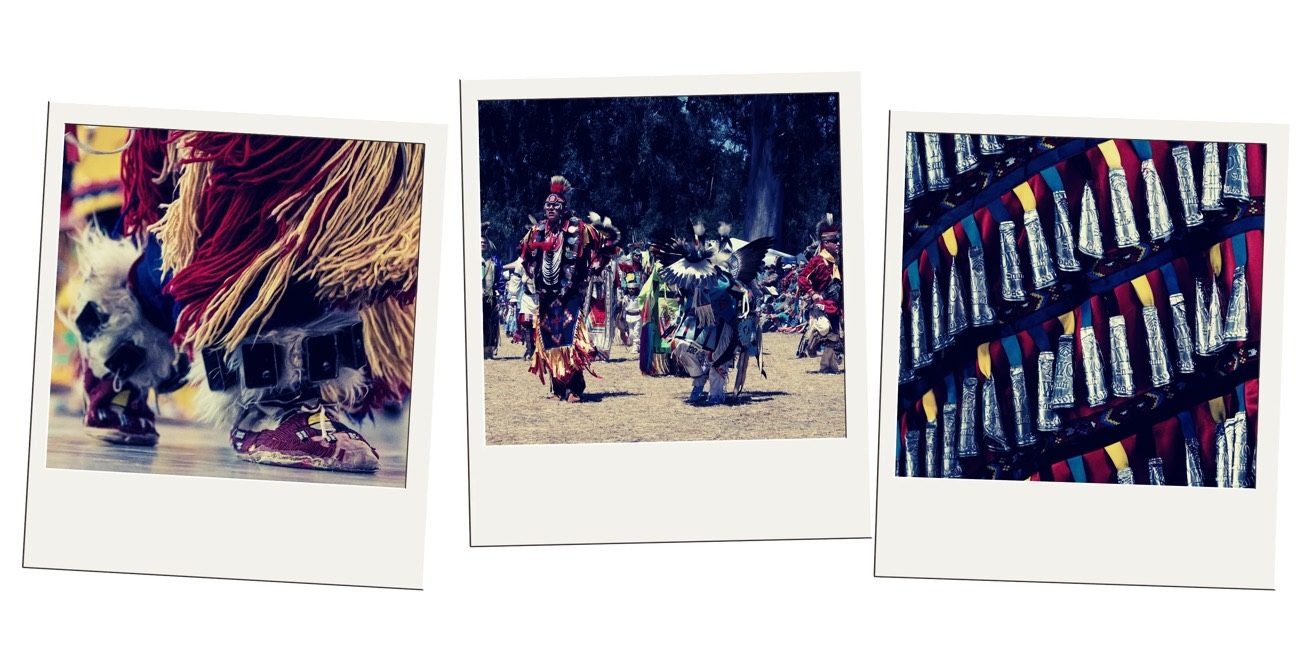 Three photos of Native American powwow dancers in beaded regalia and moccasins