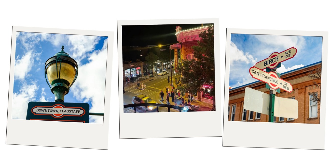 Three Flagstaff photos, a lamppost, street signs, and a lit corner building at night