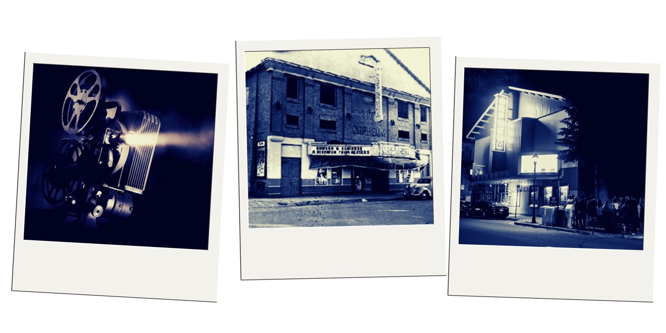 Three toned photos of a film projector and a historic theater marquee lit at night