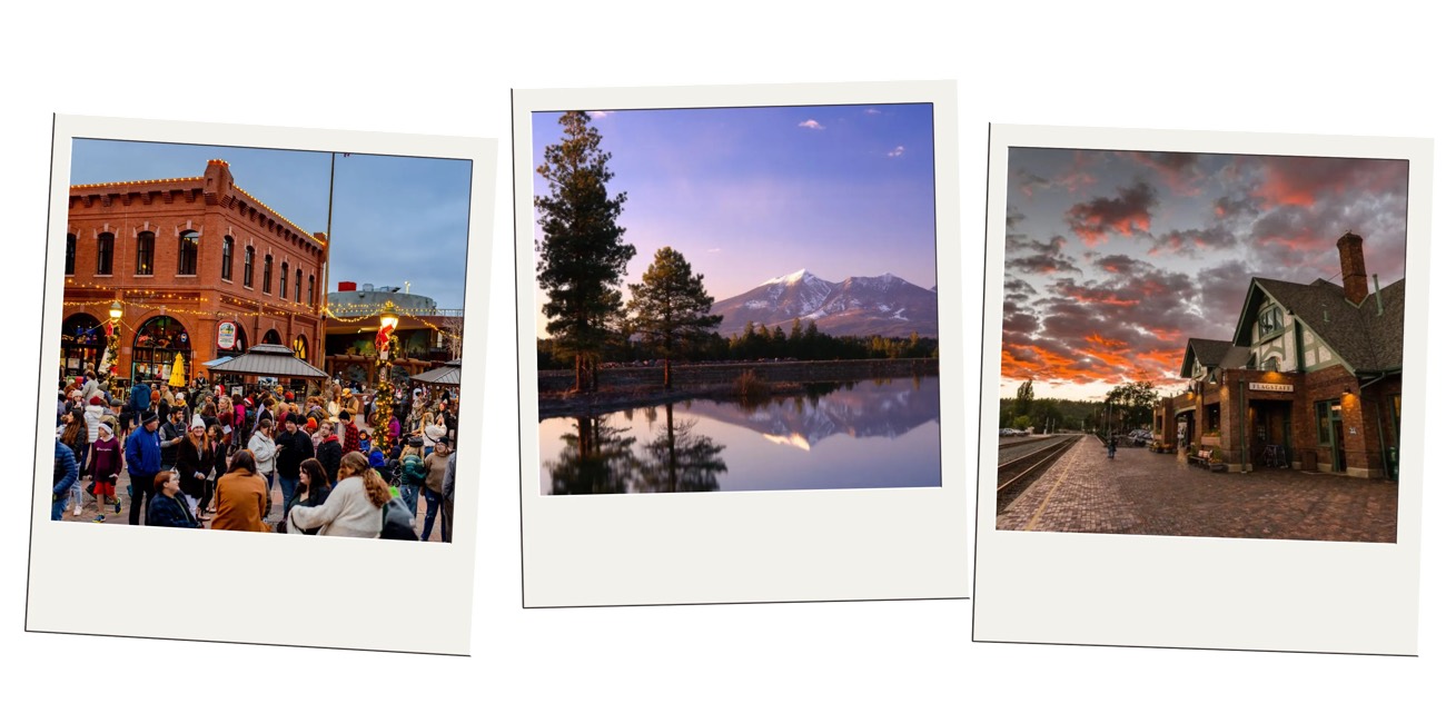 Flagstaff photos of a holiday crowd, the snowy San Francisco Peaks, and the train depot at sunset