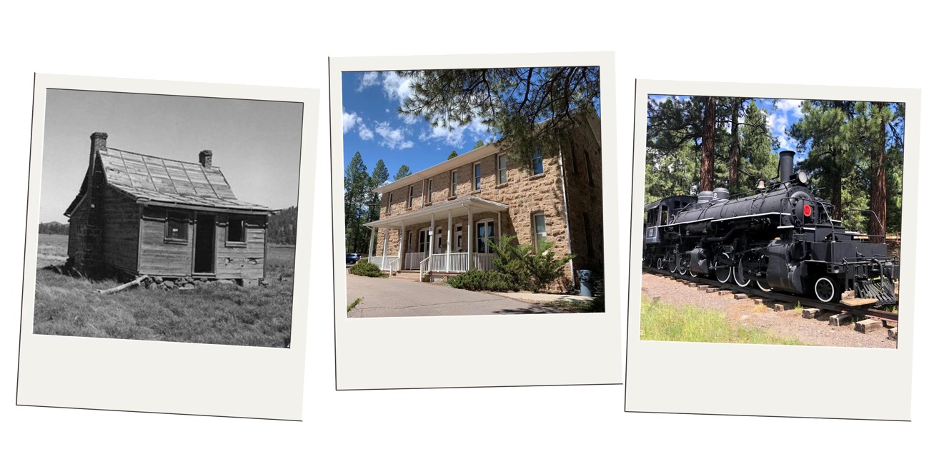 Three photos of an old wooden cabin, a stone pioneer museum building, and a steam locomotive