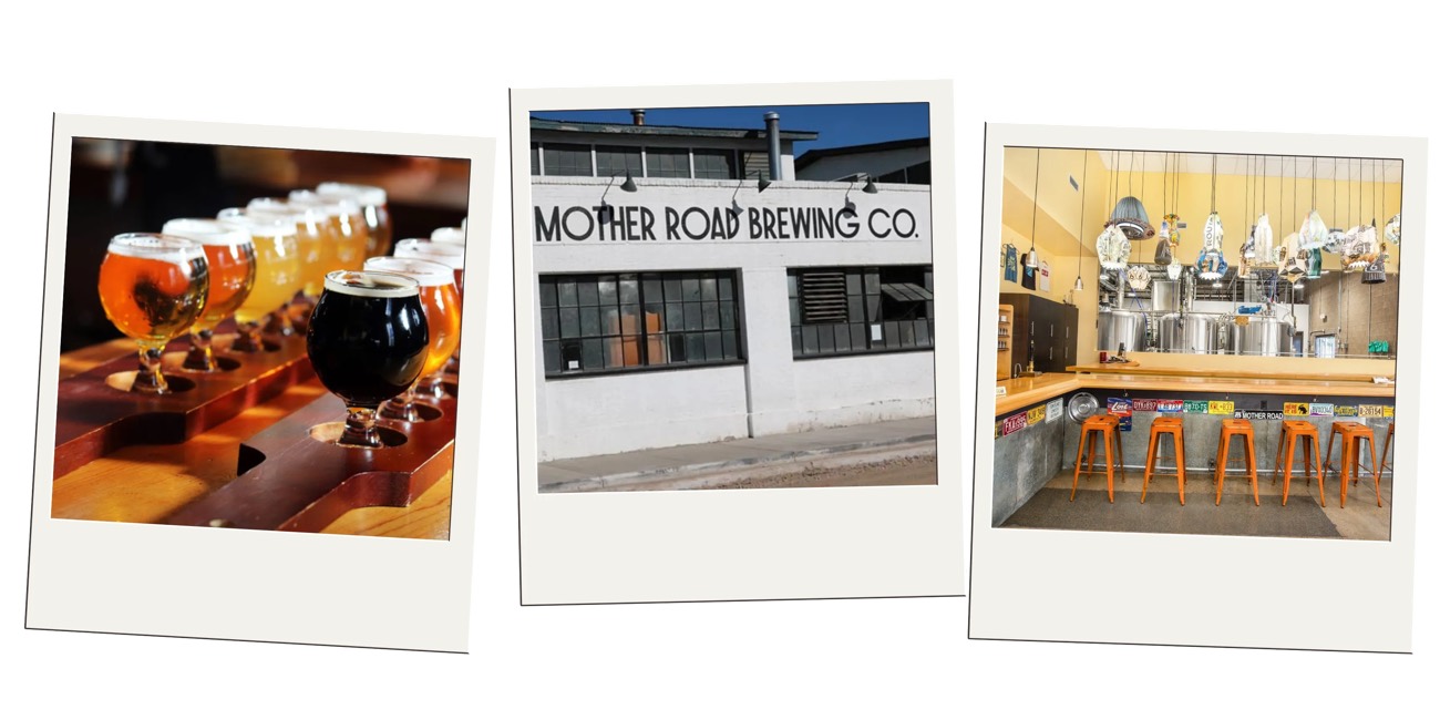 Polaroid trio of a beer flight, Mother Road Brewing Co. facade, and its taproom bar