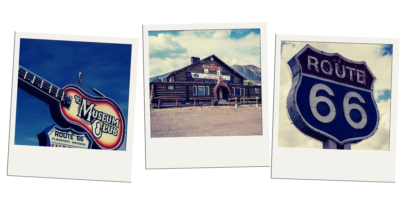 Polaroid trio of The Museum Club guitar sign, its log-cabin roadhouse, and a Route 66 shield