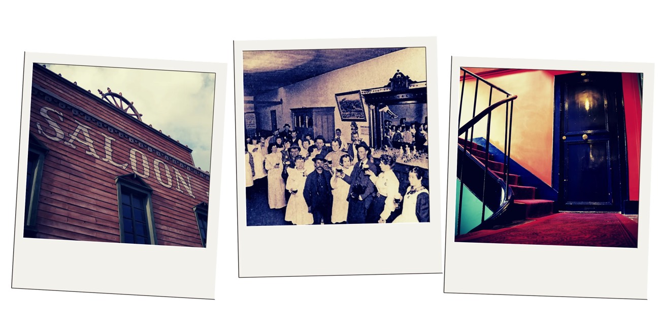 Polaroid trio of a wooden saloon, a vintage crowd photo inside a bar, and a red-carpeted staircase