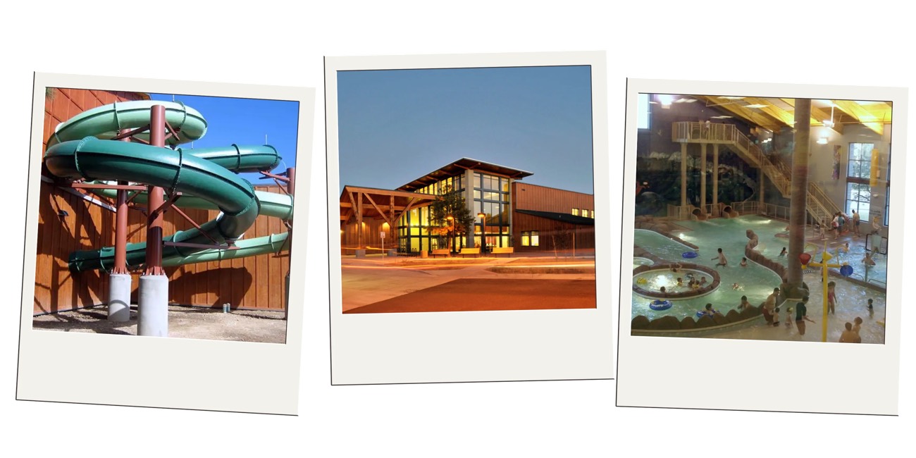 Polaroid trio of a green water slide, an aquatic center at dusk, and an indoor pool