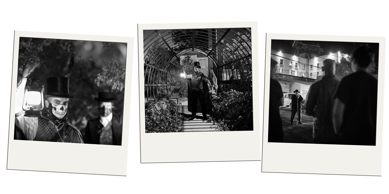 Three black-and-white polaroids of costumed ghost tour figures and a lantern at night