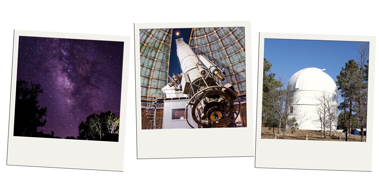 Three polaroids of a starry sky, a large telescope, and a white observatory dome