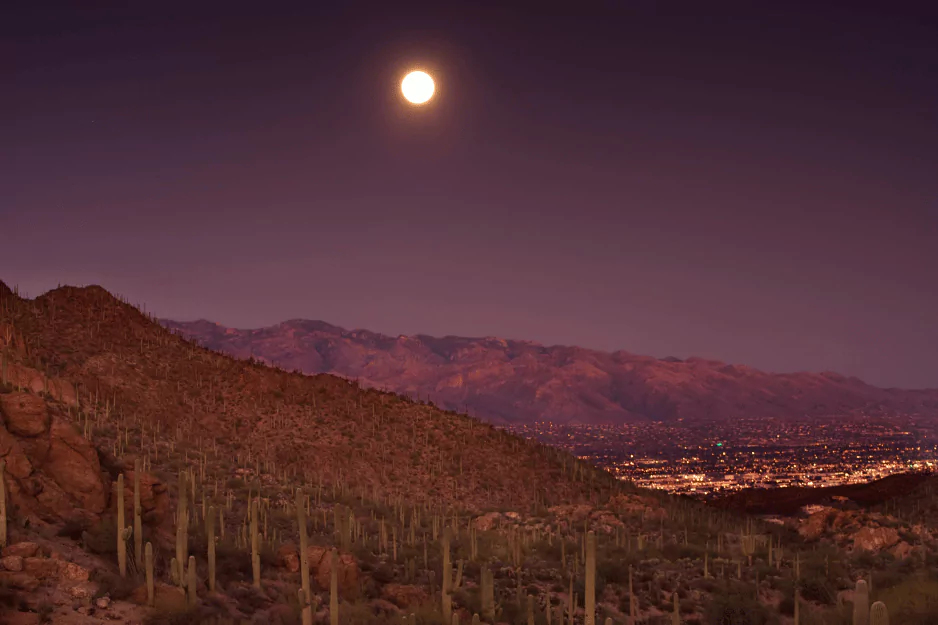 Full moon over saguaro-covered foothills above Tucson's city lights at night
