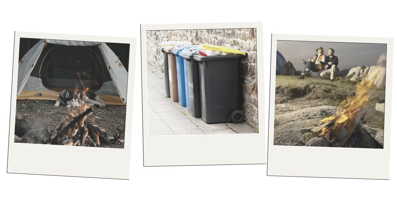 Polaroid trio of a husky by a tent, recycling bins, and a hillside campfire