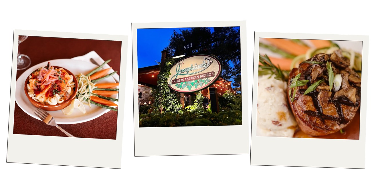Polaroid trio of dishes and the Josephine's Modern American Bistro sign in Flagstaff
