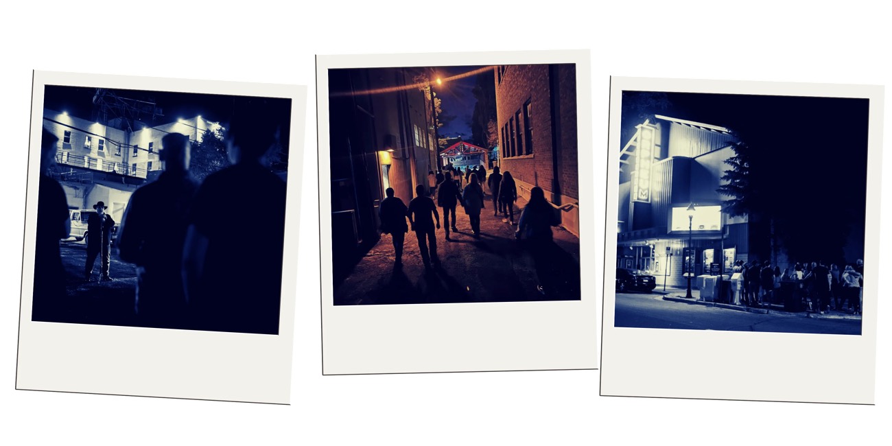 Polaroid trio of a nighttime walking tour group and lit theater marquee in Flagstaff