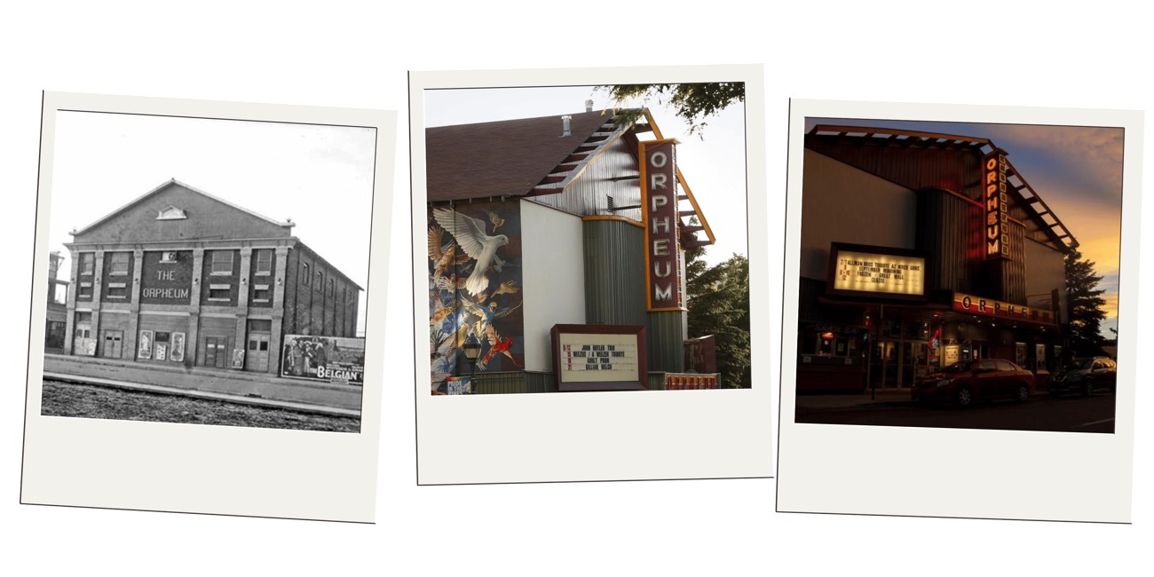 Historic and modern views of the Orpheum Theater marquee in Flagstaff