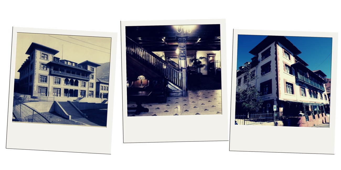 Polaroid collage of the Copper Queen Hotel in Bisbee, exterior and grand staircase