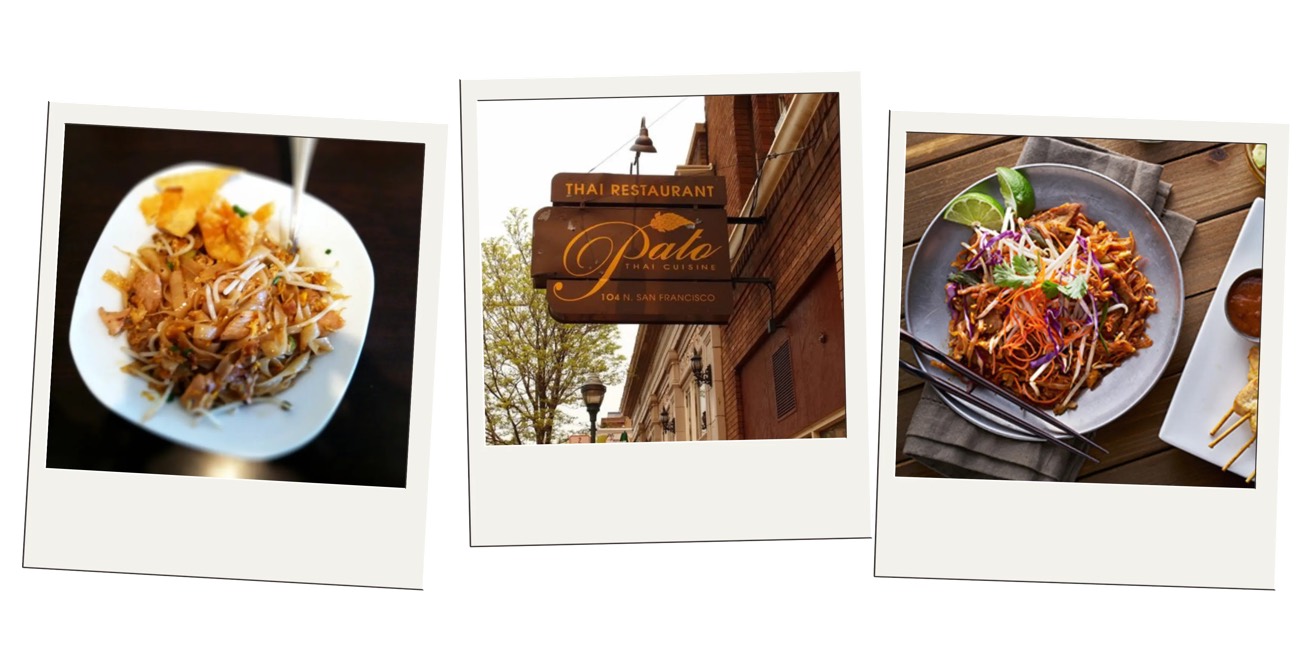 Polaroid trio of pad Thai plates and a Palo Thai Cuisine street sign