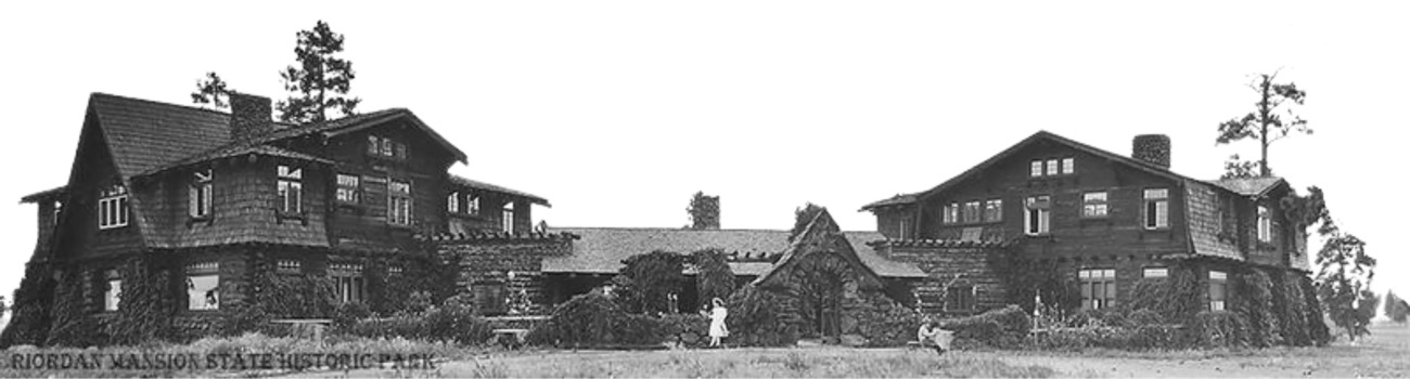 Vintage black and white view of Riordan Mansion State Historic Park