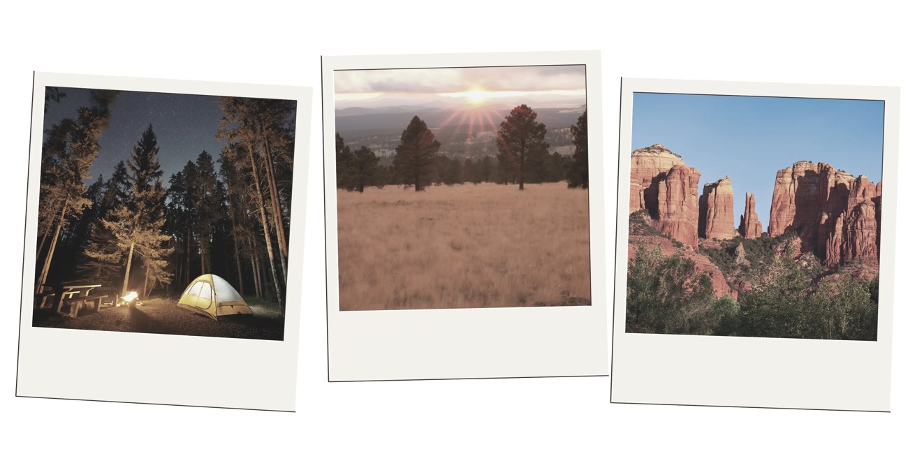 Polaroid trio of a lit night tent, a pine-forest sunset, and red rock cliffs