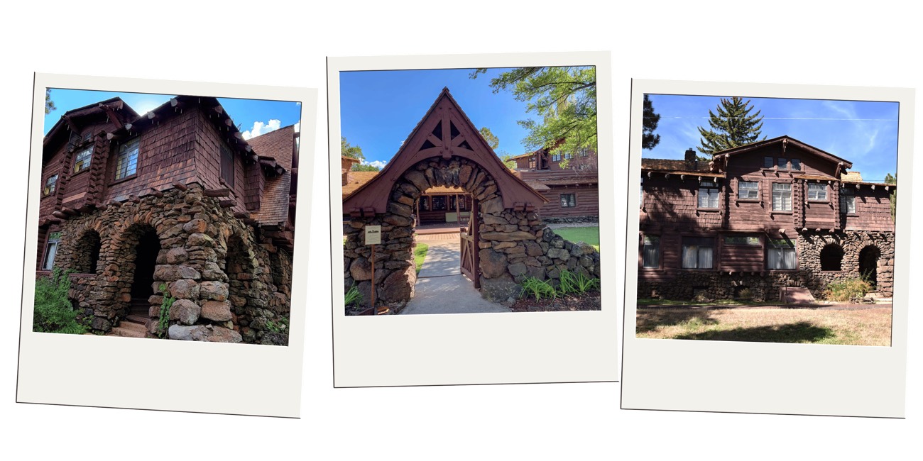 Polaroid trio of a rustic log and stone Craftsman mansion with arched entry