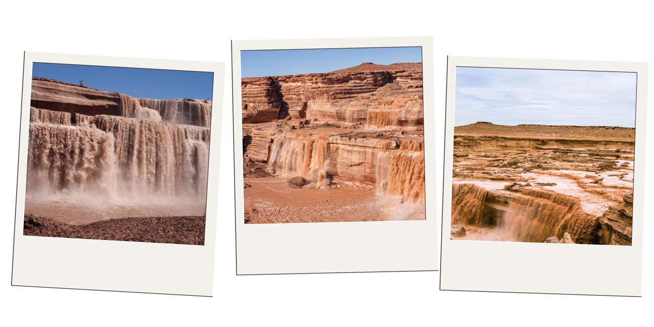 Polaroid trio of a wide muddy waterfall tumbling over red desert cliffs