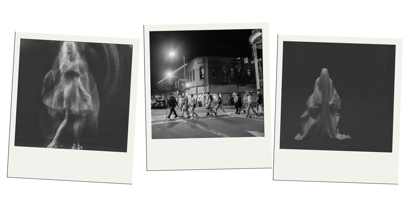 Polaroid trio of blurred ghostly figures and a night street of pedestrians
