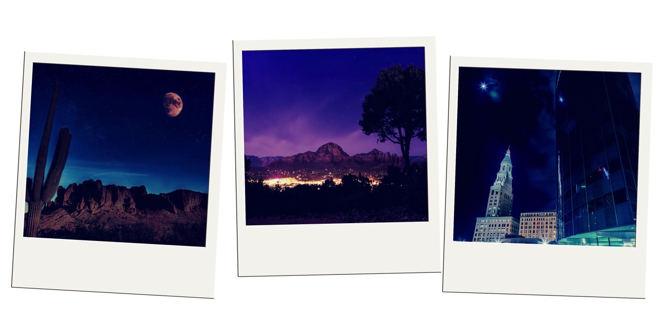 Polaroid trio of a moonlit saguaro desert, red-rock town lights, and a night skyline