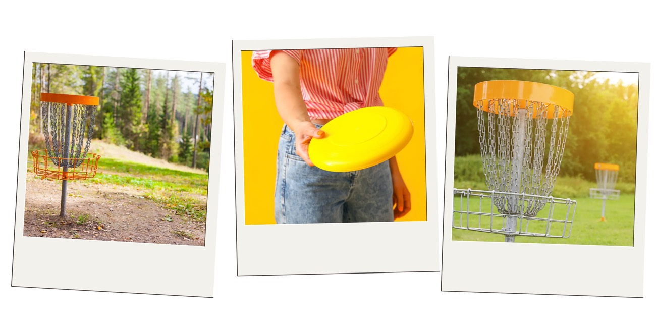 Polaroid trio of disc golf chain baskets and a person holding a yellow disc