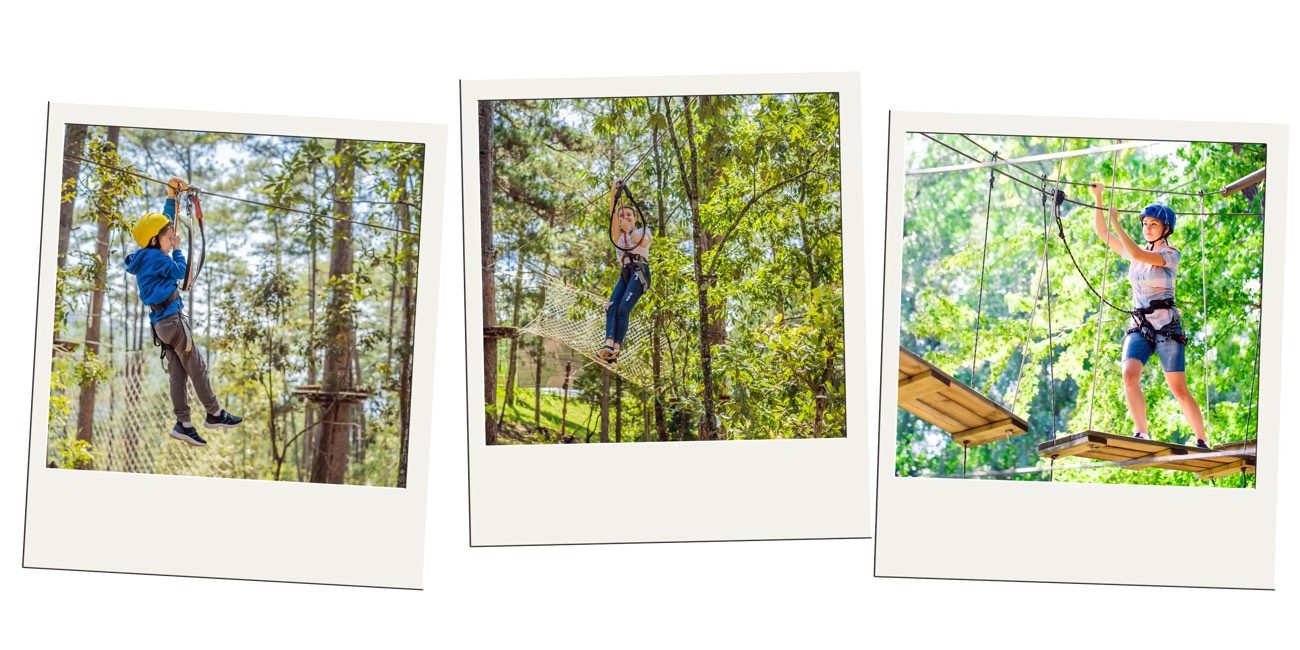 Polaroid trio of people on a ropes and zip line course in the pines