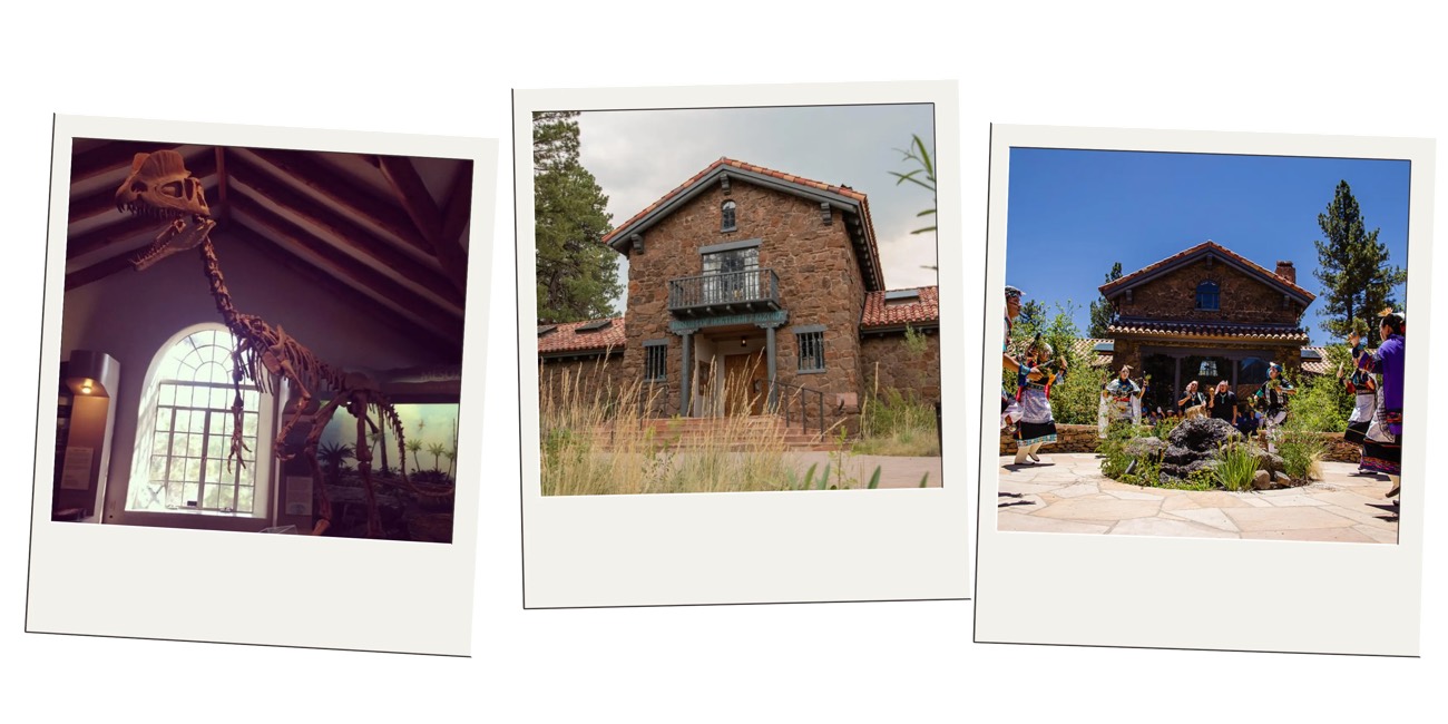 Polaroid trio of a dinosaur skeleton, a stone museum building, and Native dancers