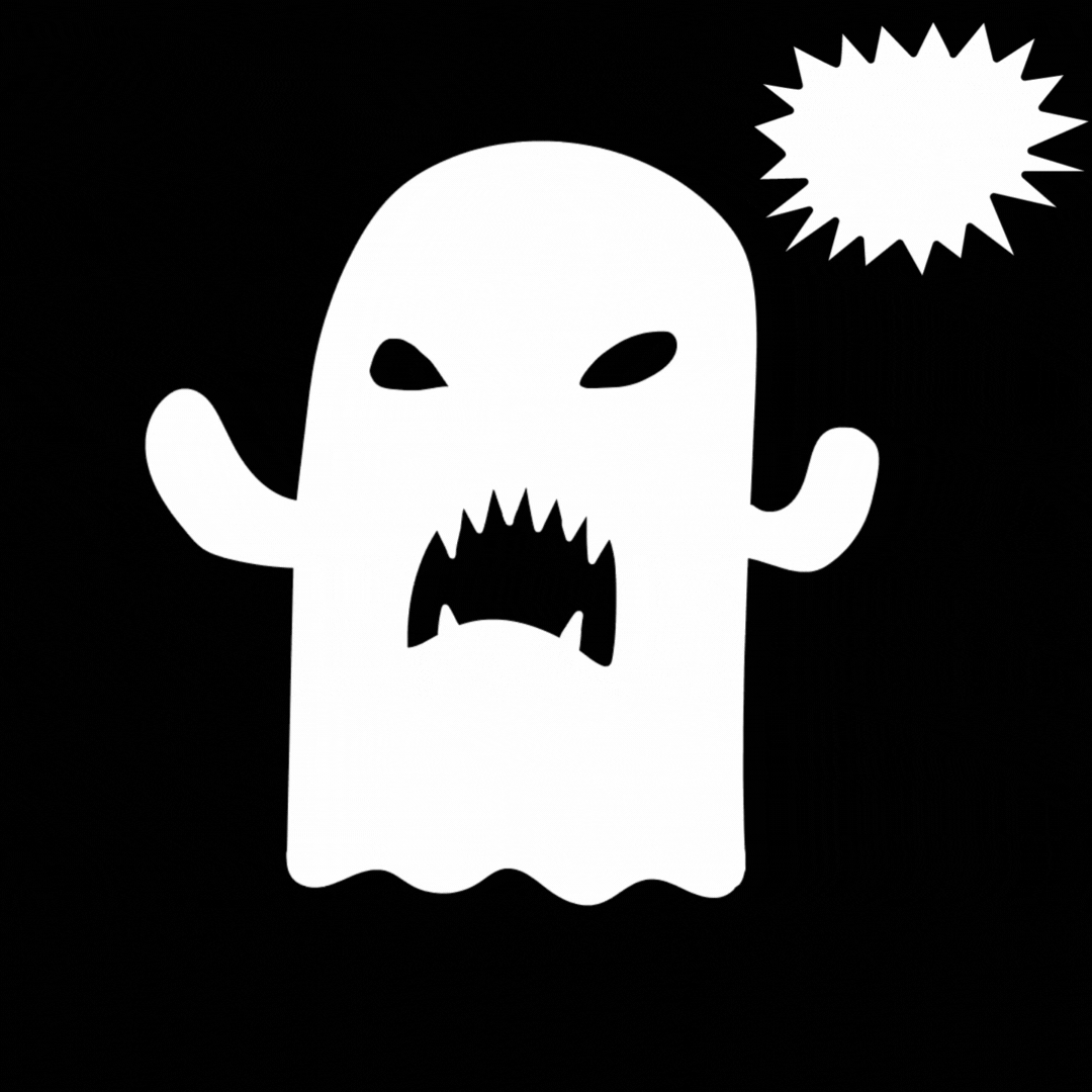 Cartoon ghost with a jagged frown on a black background