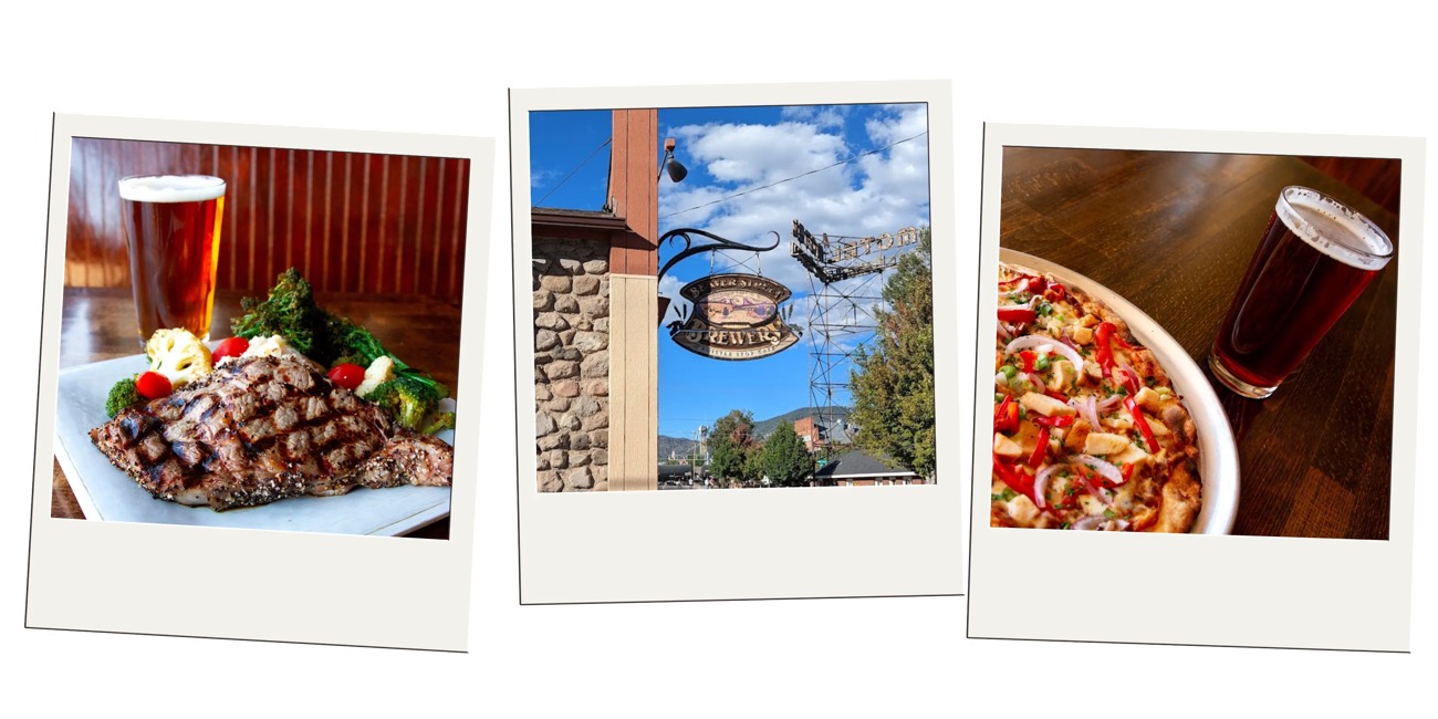 Polaroid trio of grilled steak, a Beaver Street Brewery sign, and pizza with beer