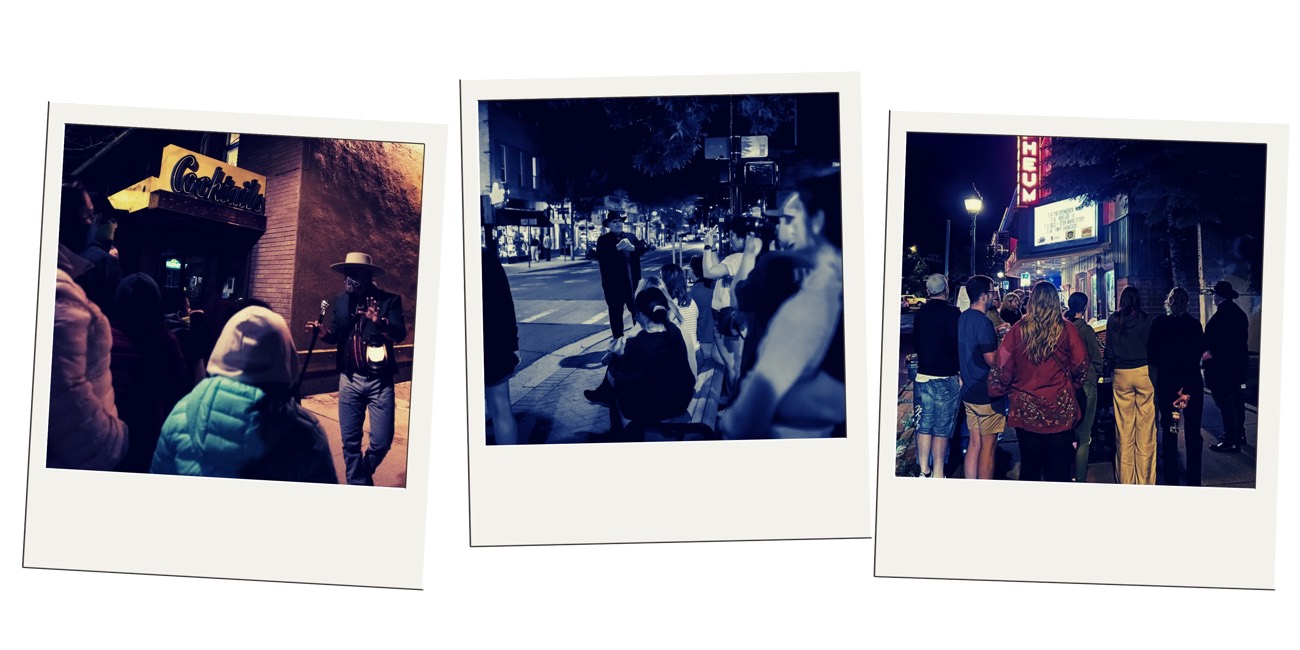 Polaroid trio of a nighttime walking tour group on downtown streets