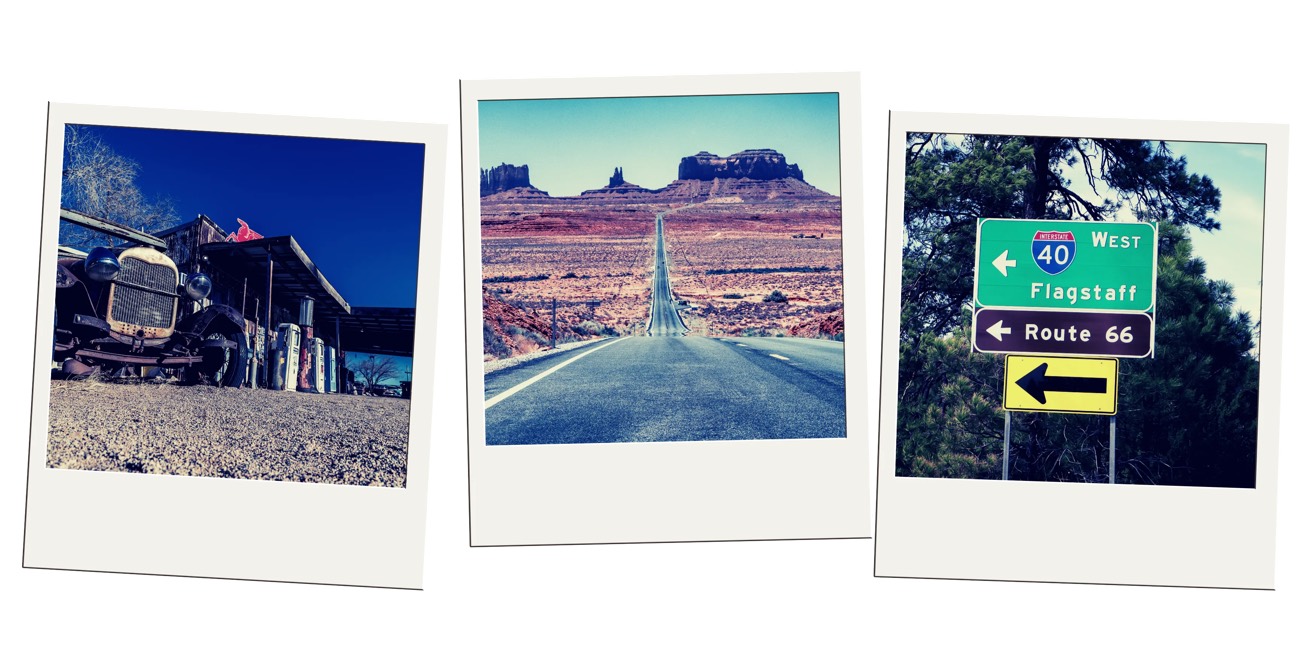 Polaroid photos of a vintage gas station, a desert highway, and an Interstate 40 sign pointing to Flagstaff and Route 66