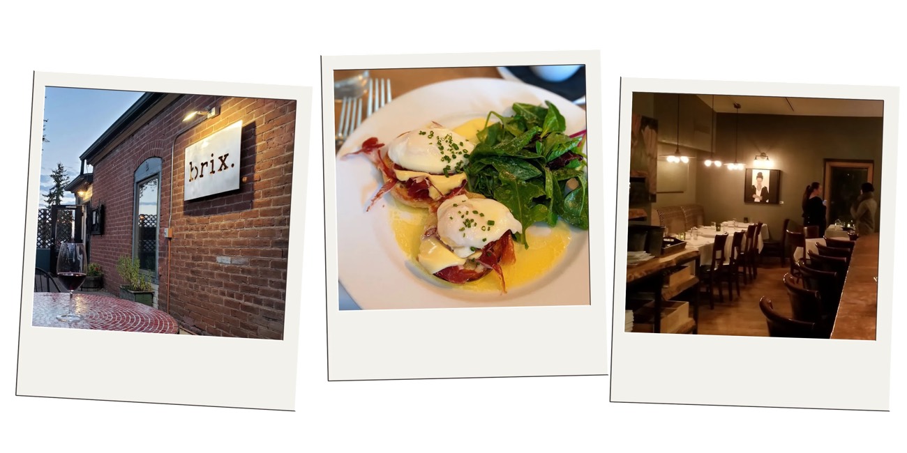 Polaroids of the Brix restaurant sign, an eggs benedict plate, and the dining room