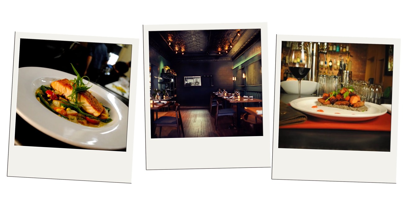 Polaroid trio of a plated salmon dish, a dim tin-ceiling dining room, and food at a bar