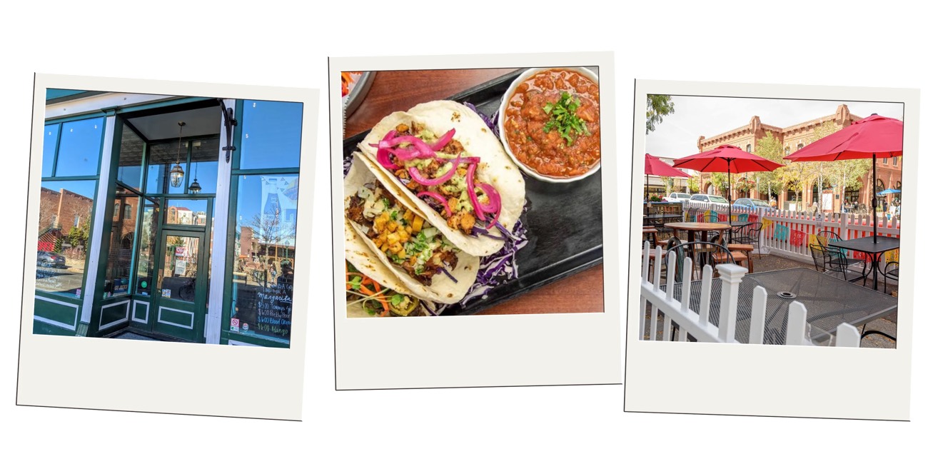 Polaroid trio of a restaurant storefront, street tacos with salsa, and a patio with red umbrellas
