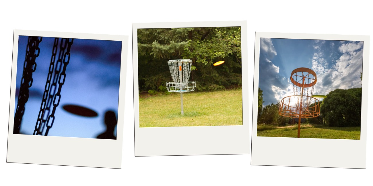 Polaroid trio of disc golf baskets and chains with a flying disc outdoors