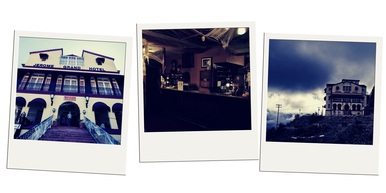 Polaroid trio of the Jerome Grand Hotel exterior, a dim front desk, and the hotel under storm clouds