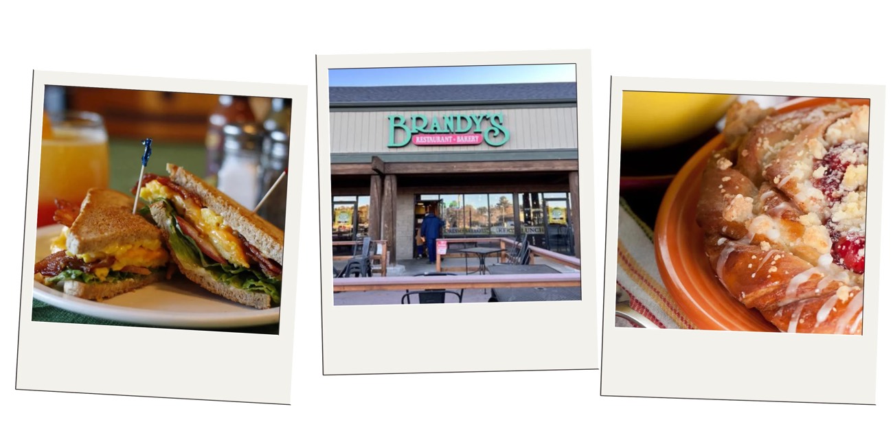 Polaroid trio of a breakfast sandwich, Brandy's Restaurant and Bakery storefront, and a pastry