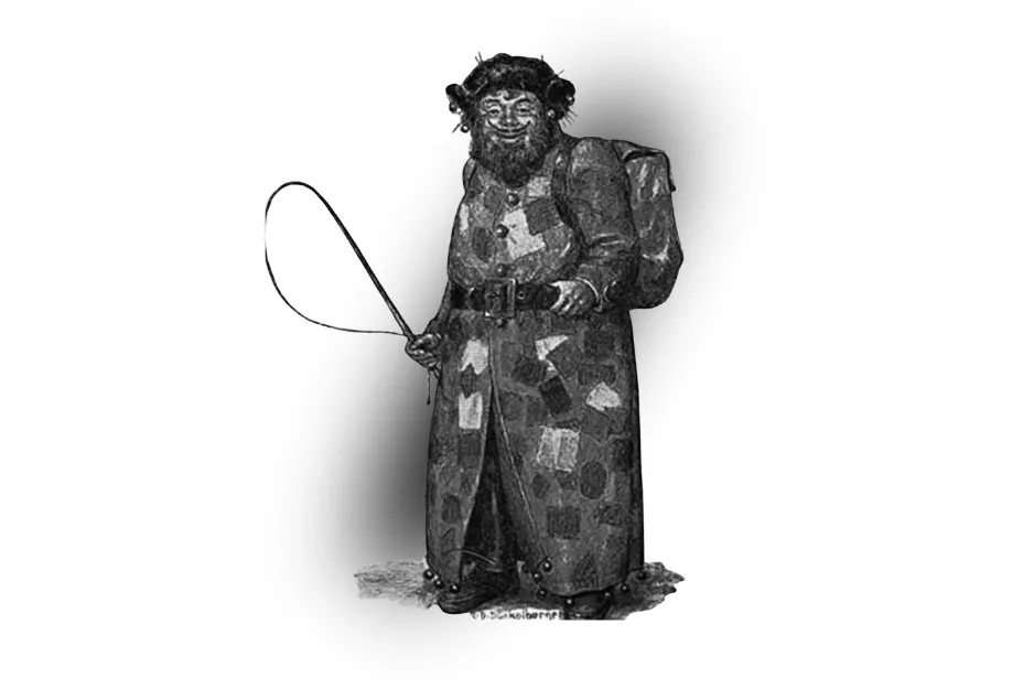Vintage engraving of Krampus in a patchwork coat holding a whip and carrying a basket