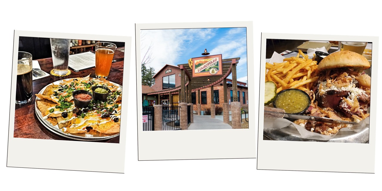 Polaroid trio of pub nachos, a loaded sandwich with fries, and the Lumberyard Grille exterior