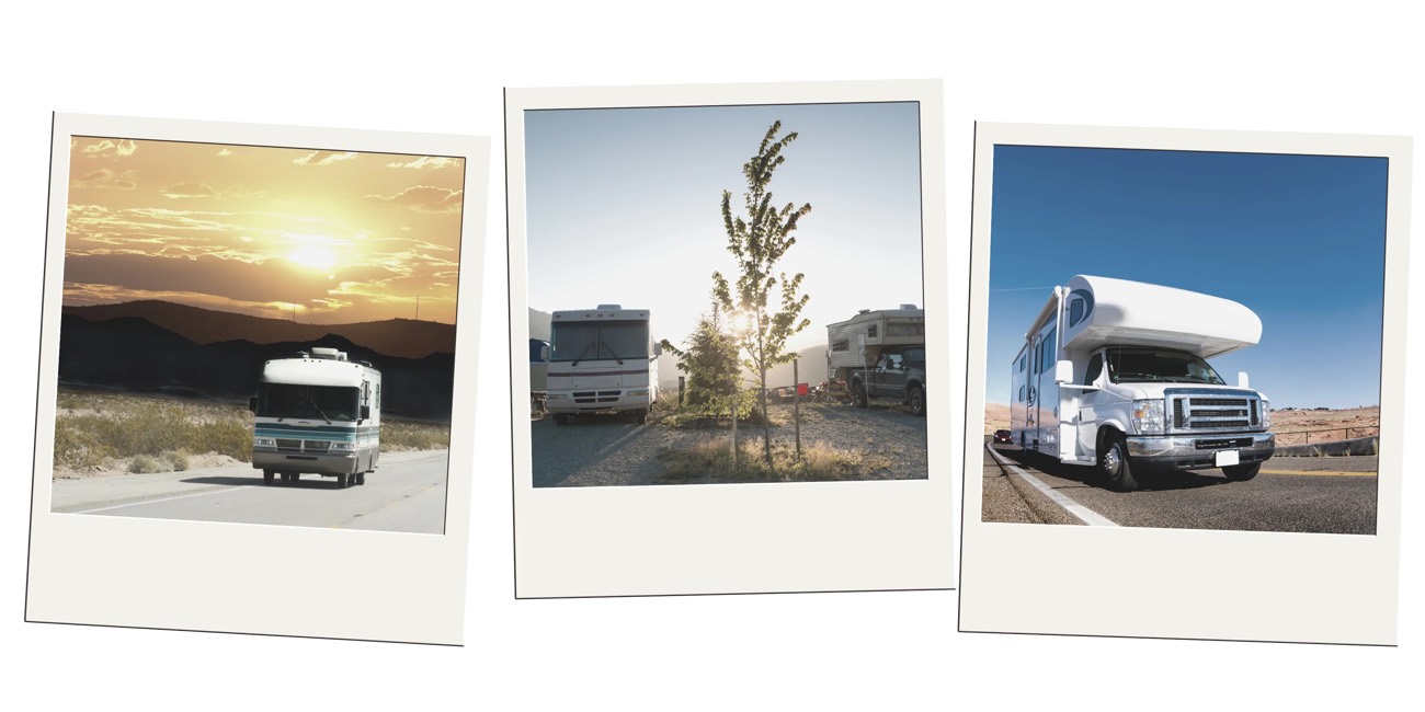 Polaroid trio of RVs and motorhomes at a campground and on the road