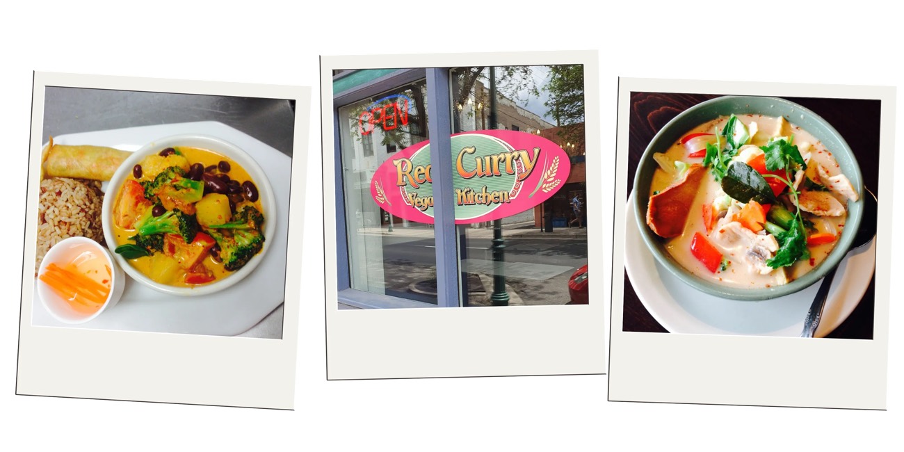 Polaroid trio of vegan curry dishes and a Red Curry Vegan Kitchen storefront