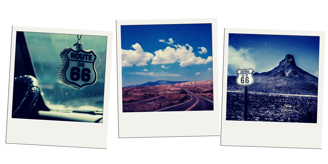 Three Polaroid-style photos of Route 66 signs and open Arizona desert highway