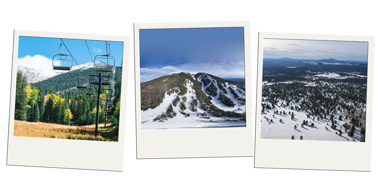 Polaroid photos of a ski lift and snow-covered peaks near Flagstaff