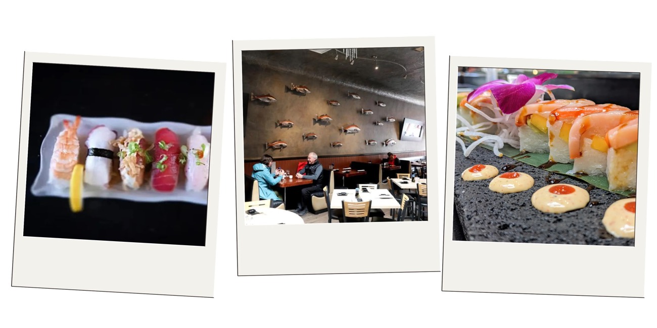 Polaroid photos of plated sushi and a sushi bar dining room